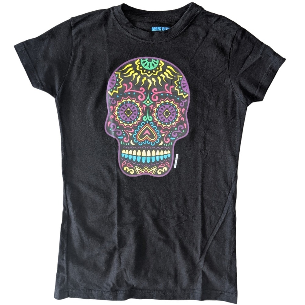 Mare Blue Women's Small Black Sugar‎ Skull Rainbow Short Sleeve Graphic T-shirt